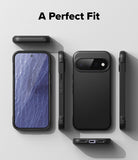 Google Pixel 11 Case | Onyx Magnetic - A black protective smartphone case shown from multiple angles on a light gray background, with the text 'A Perfect Fit' at the top. The views include the back with a large camera cutout, side profile, front with a phone inserted, and a bottom view showing a charging port.