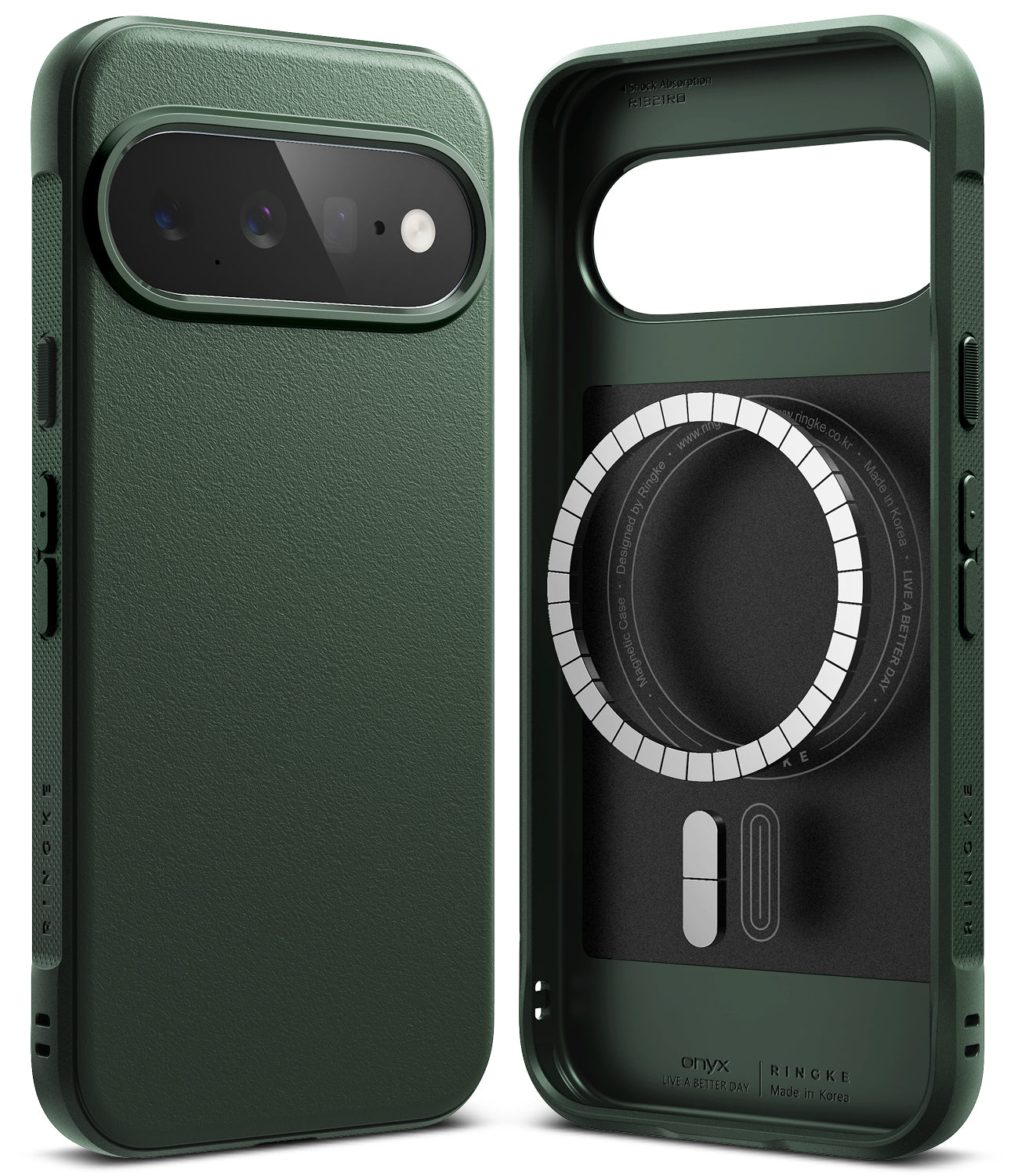 Google Pixel 11 Case | Onyx Magnetic - Two views of a dark green protective phone case with a textured leather-like finish, showing the back and the interior MagSafe-compatible ring design.