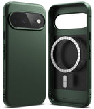 Google Pixel 11 Case | Onyx Magnetic - Two views of a dark green protective phone case with a textured leather-like finish, showing the back and the interior MagSafe-compatible ring design.