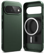 Google Pixel 11 Case | Onyx Magnetic - Two views of a dark green protective phone case with a textured leather-like finish, showing the back and the interior MagSafe-compatible ring design.