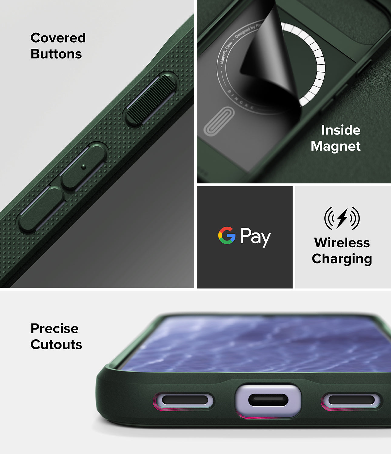 Google Pixel 11 Case | Onyx Magnetic - A dark green protective phone case shown in a multi-panel feature graphic. The panels highlight a covered button, an inside magnetic ring, Google Pay wireless charging compatibility, and precise cutouts for charging ports.