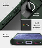 Google Pixel 11 Case | Onyx Magnetic - A dark green protective phone case shown in a multi-panel feature graphic. The panels highlight a covered button, an inside magnetic ring, Google Pay wireless charging compatibility, and precise cutouts for charging ports.