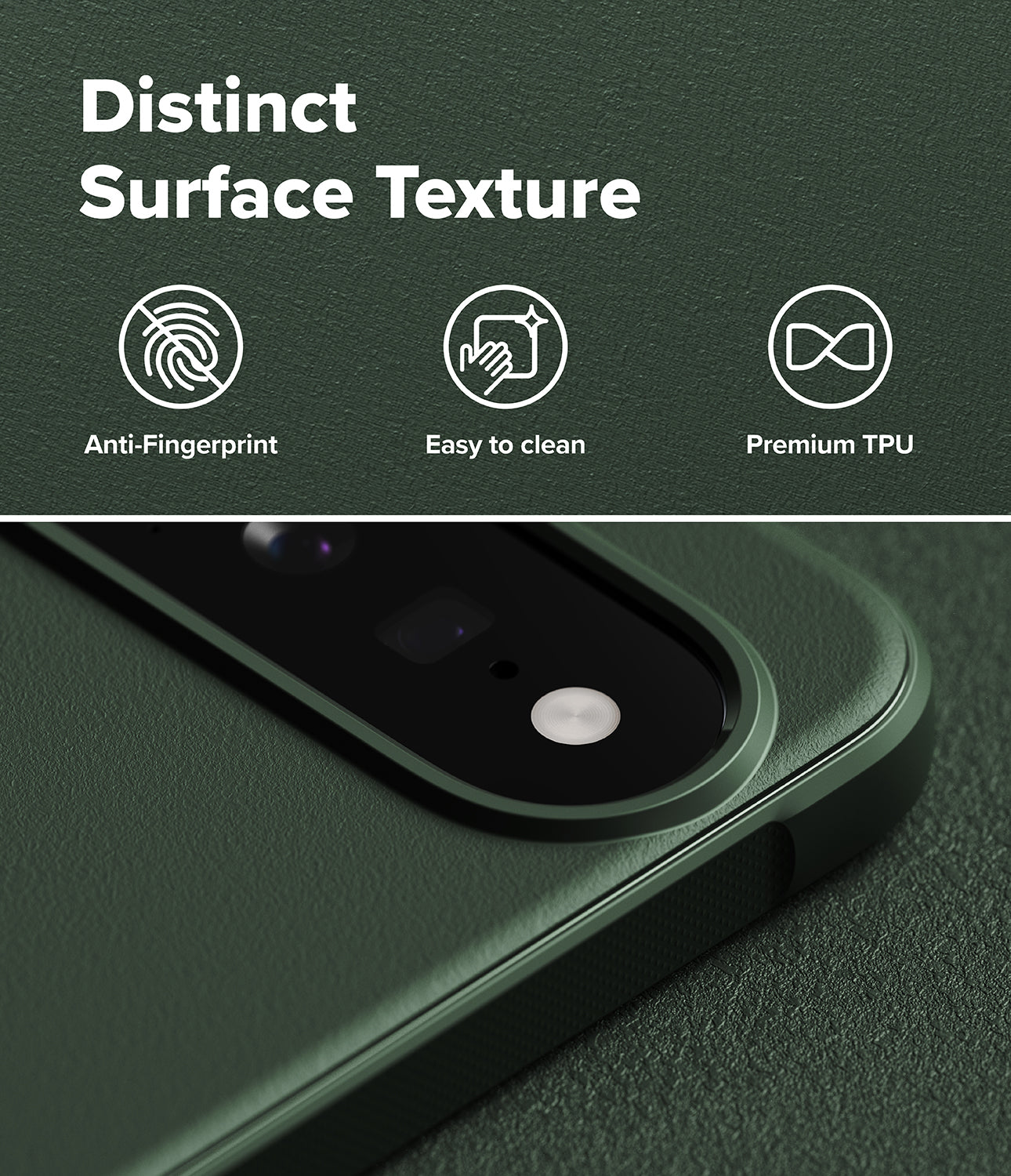 Google Pixel 11 Case | Onyx Magnetic - Dark green textured phone case shown close-up with a raised camera surround, on a matching textured background. White text at the top reads 'Distinct Surface Texture' with icons for Anti-Fingerprint, Easy to clean, and Premium TPU.