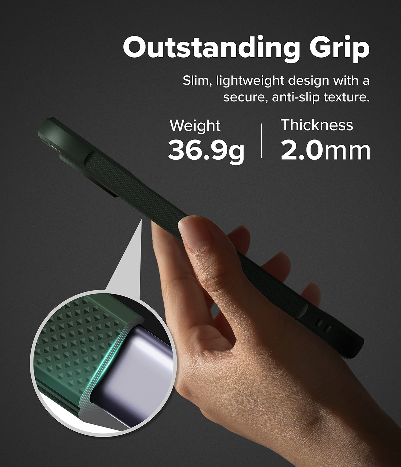 Google Pixel 11 Case | Onyx Magnetic - A hand holding a dark green phone case with a textured grip, shown against a dark gray background with promotional text reading 'Outstanding Grip' and feature callouts for weight and thickness. A circular inset highlights the textured grip detail.
