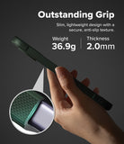 Google Pixel 11 Case | Onyx Magnetic - A hand holding a dark green phone case with a textured grip, shown against a dark gray background with promotional text reading 'Outstanding Grip' and feature callouts for weight and thickness. A circular inset highlights the textured grip detail.