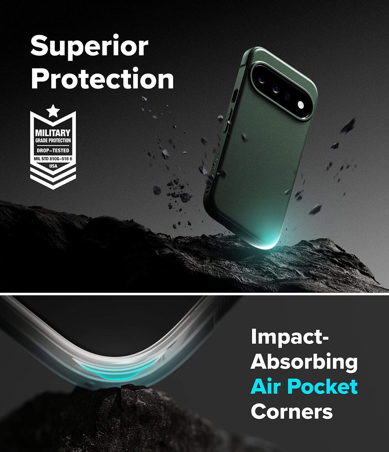 Google Pixel 11 Case | Onyx Magnetic - A dark green phone case shown floating above a rocky surface with debris, under the text 'Superior Protection' and a military impact-test badge. The lower section shows the case corner absorbing impact with the text 'Impact-Absorbing Air Pocket Corners.