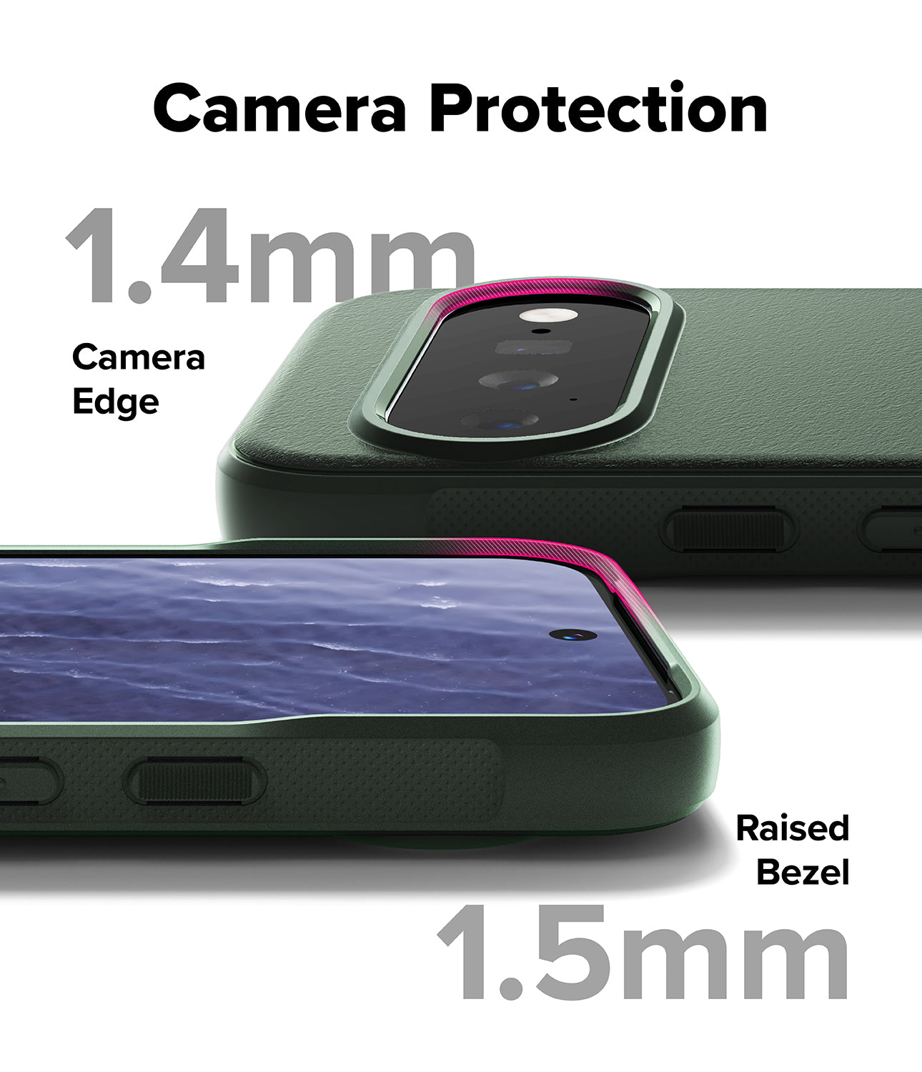 Google Pixel 11 Case | Onyx Magnetic - Dark green phone camera protection case shown from two angles with text overlays indicating 1.4mm camera edge and 1.