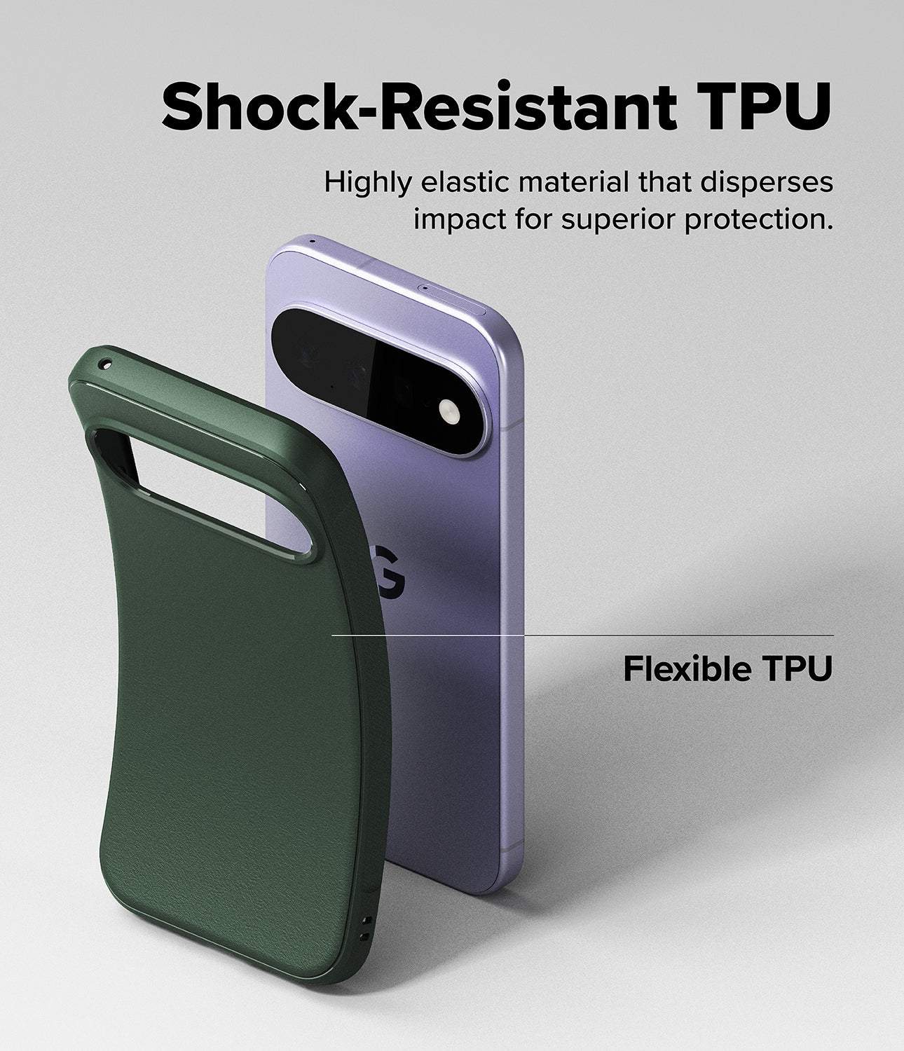 Google Pixel 11 Case | Onyx Magnetic - Two smartphone cases shown on a light gray studio background with marketing text: a dark green case in front and a lavender phone case behind it. The text reads 'Shock-Resistant TPU' and 'Flexible TPU' to explain the material benefits.