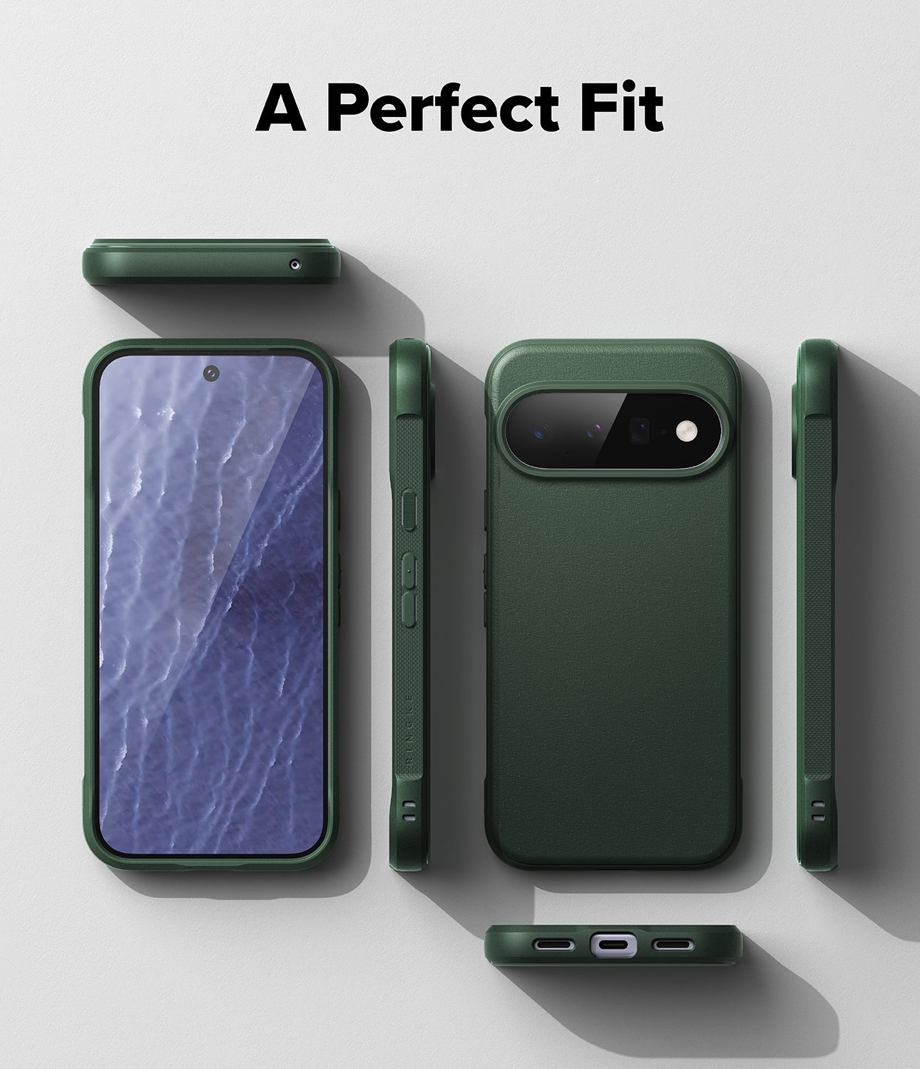 Google Pixel 11 Case | Onyx Magnetic - A dark green protective phone case shown from multiple angles on a light gray background, with the text 'A Perfect Fit' at the top. The views include the back of the phone in the case, side profiles, and a bottom view showing the charging port opening.
