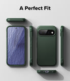 Google Pixel 11 Case | Onyx Magnetic - A dark green protective phone case shown from multiple angles on a light gray background, with the text 'A Perfect Fit' at the top. The views include the back of the phone in the case, side profiles, and a bottom view showing the charging port opening.