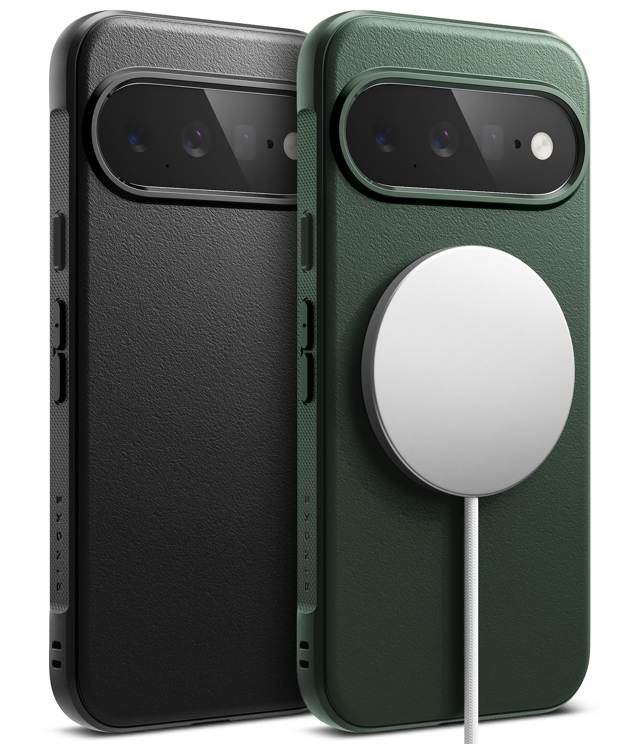 Google Pixel 11 Case | Onyx Magnetic - Two textured phone cases shown from the back on a white background, one in black and one in dark green, each fitted with a white MagSafe-style circular magnetic ring accessory.