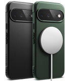 Google Pixel 11 Case | Onyx Magnetic - Two textured phone cases shown from the back on a white background, one in black and one in dark green, each fitted with a white MagSafe-style circular magnetic ring accessory.