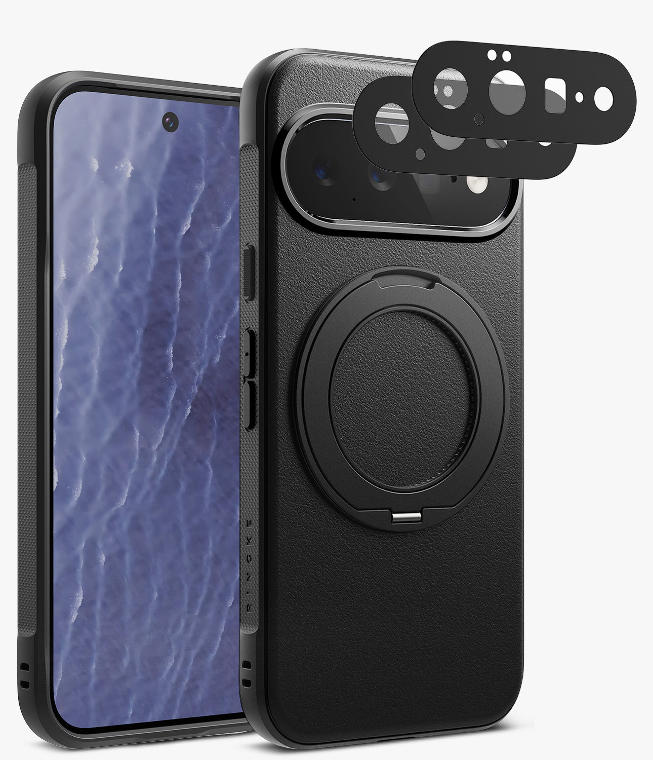 [Bundle] Google Pixel 11 | Onyx Ring + Camera Protectors - Black textured phone case with a built-in circular MagSafe ring, shown from the back alongside a phone displaying a blue-purple wallpaper. Three black camera lens protector pieces are floating above the camera cutout on a clean white background.