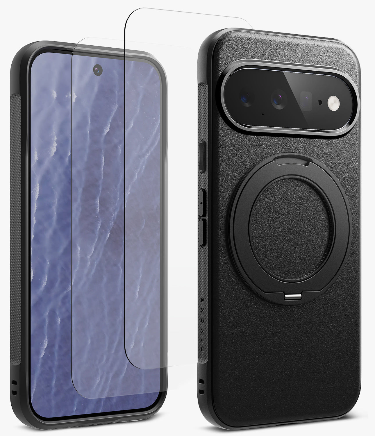 [Bundle] Google Pixel 11 | Onyx Ring + Screen Protectors - Two smartphone accessories shown on a light gray studio background: a clear tempered glass screen protector positioned over the front of a phone, and a black textured phone case with a circular MagSafe-style ring on the back. No person, animal, or real environment is present, so this is Product/Packaging.