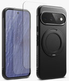 [Bundle] Google Pixel 11 | Onyx Ring + Screen Protectors - Two smartphone accessories shown on a light gray studio background: a clear tempered glass screen protector positioned over the front of a phone, and a black textured phone case with a circular MagSafe-style ring on the back. No person, animal, or real environment is present, so this is Product/Packaging.