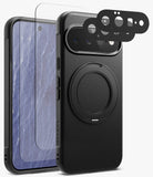 [Bundle] Google Pixel 11 | Onyx Ring + Screen & Camera Protectors - Black textured phone case with a built-in circular MagSafe ring, shown alongside a clear tempered glass screen protector and three black camera lens protectors on a light gray background.