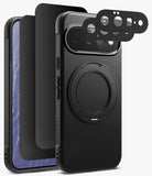[Bundle] Google Pixel 11 | Onyx Ring + Privacy & Camera Protectors - Black textured magnetic phone case with a built-in ring stand, shown with a phone inside and two separate camera lens protectors floating above, on a clean white background.