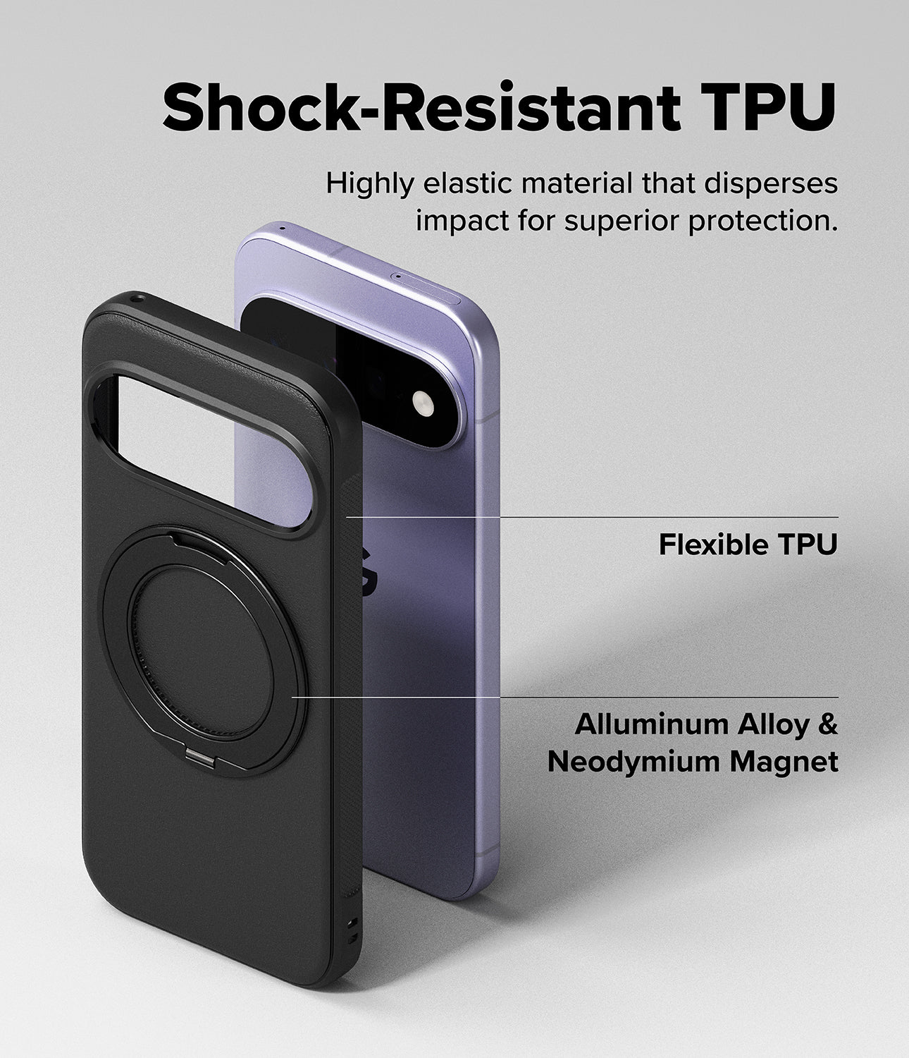 Google Pixel 11 Case | Onyx Ring - Two smartphone cases shown on a light gray background with marketing text: a black case in front and a lavender phone case behind it. The text highlights shock-resistant TPU, flexible TPU, and aluminum alloy with neodymium magnet features.
