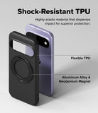 Google Pixel 11 Case | Onyx Ring - Two smartphone cases shown on a light gray background with marketing text: a black case in front and a lavender phone case behind it. The text highlights shock-resistant TPU, flexible TPU, and aluminum alloy with neodymium magnet features.