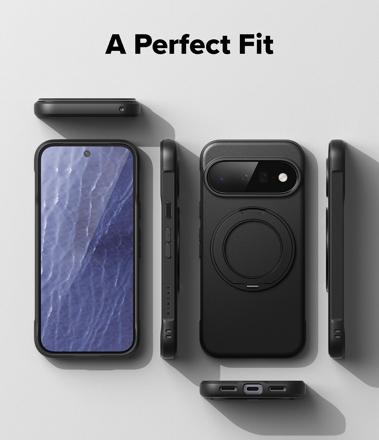 Google Pixel 11 Case | Onyx Ring - A black protective phone case shown from multiple angles on a light gray background, with the text 'A Perfect Fit' at the top. The case includes a circular MagSafe ring on the back, a camera cutout, side button openings, and a bottom charging port opening.