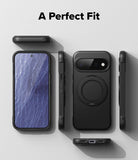 Google Pixel 11 Case | Onyx Ring - A black protective phone case shown from multiple angles on a light gray background, with the text 'A Perfect Fit' at the top. The case includes a circular MagSafe ring on the back, a camera cutout, side button openings, and a bottom charging port opening.