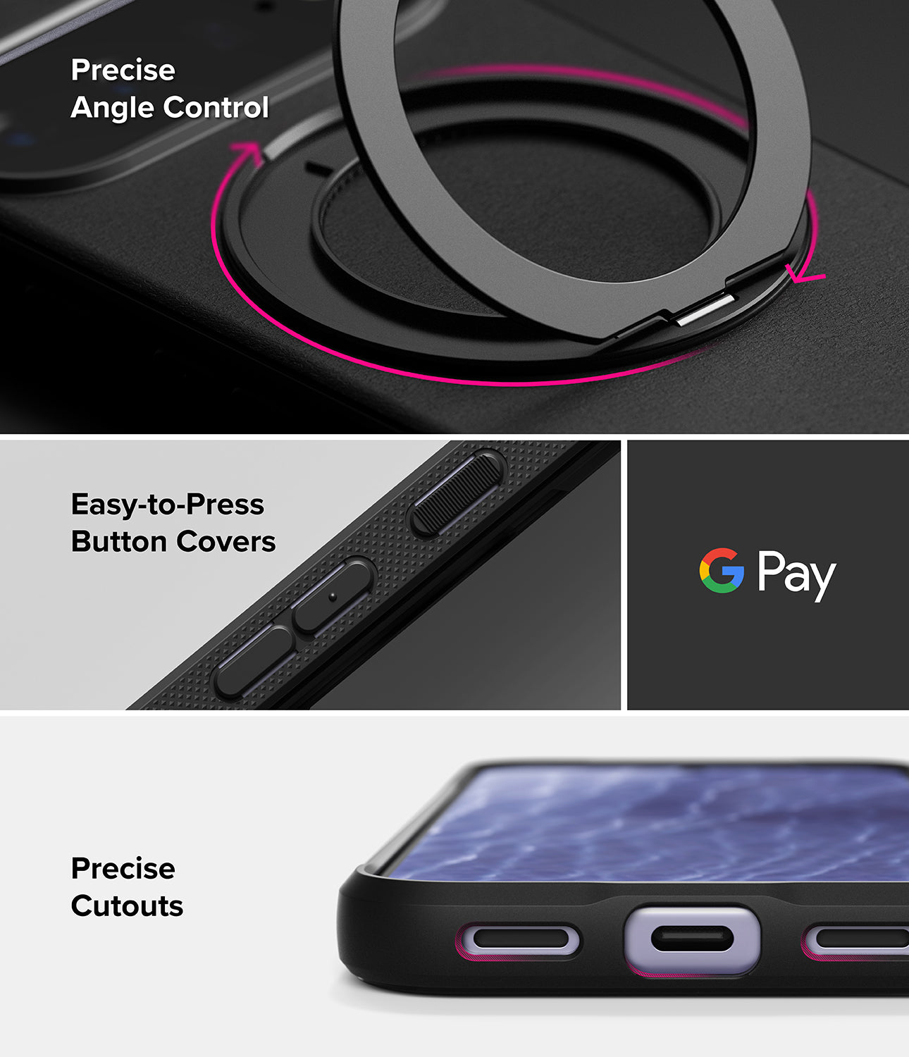 Google Pixel 11 Case | Onyx Ring - A black phone case with a built-in magnetic ring and precise cutouts, shown in a three-panel feature graphic. The top panel highlights the magnetic ring with 'Precise Angle Control' text.