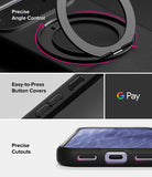 Google Pixel 11 Case | Onyx Ring - A black phone case with a built-in magnetic ring and precise cutouts, shown in a three-panel feature graphic. The top panel highlights the magnetic ring with 'Precise Angle Control' text.