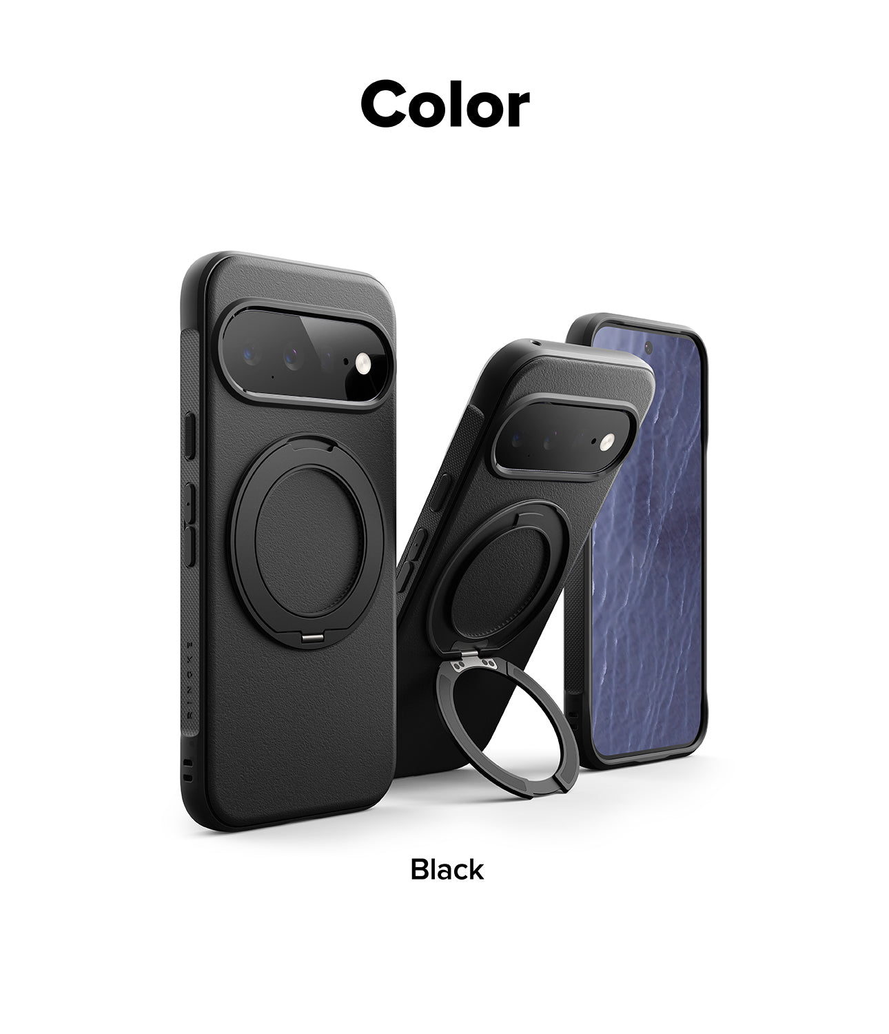 Google Pixel 11 Case | Onyx Ring - Three views of a black phone case with a circular MagSafe ring and built-in ring stand, shown on a white background with the text 'Color' at the top and 'Black' at the bottom.