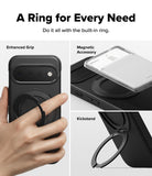 Google Pixel 11 Case | Onyx Ring - A black phone case with an integrated magnetic ring accessory, shown in a three-panel marketing layout. The top-left panel shows a hand holding the case, labeled 'Enhanced Grip.