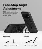 Google Pixel 11 Case | Onyx Ring - Black phone case with a built-in kickstand and circular ring grip, shown in two angles on a light gray background with text explaining free-stop angle adjustment for landscape and portrait orientations.