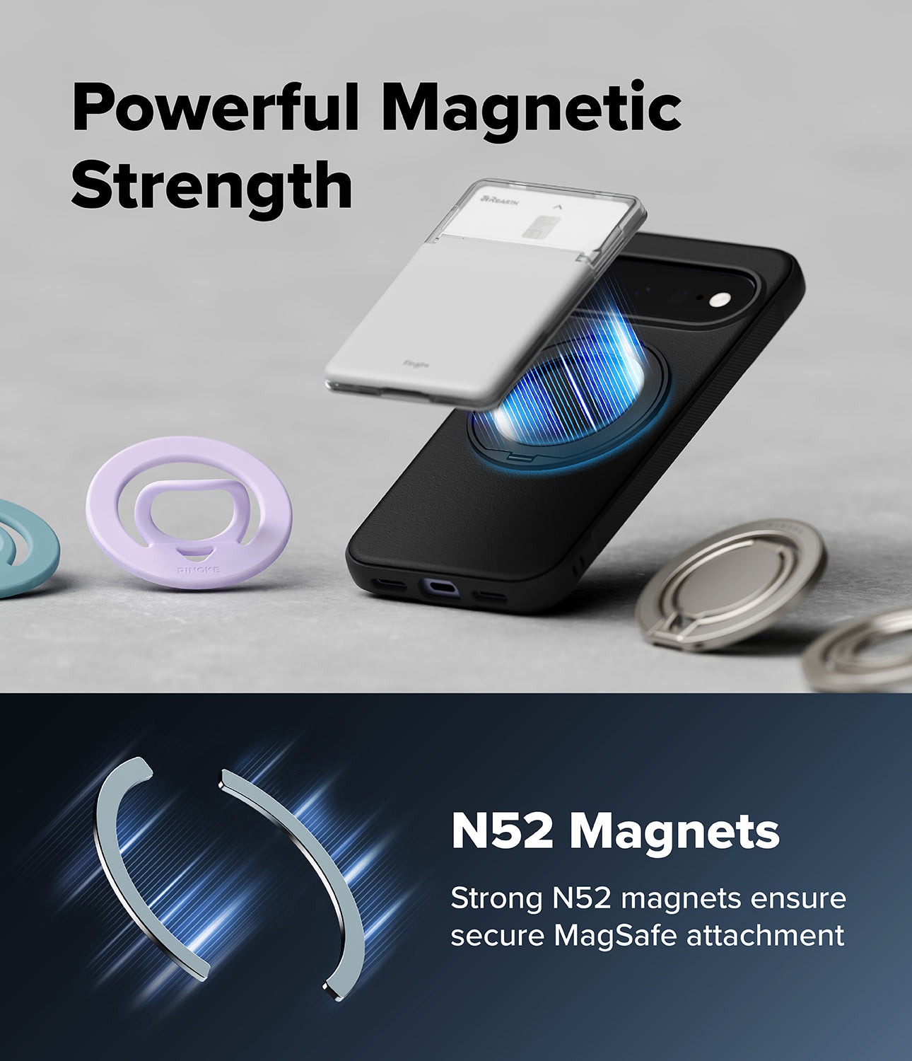 Google Pixel 11 Case | Onyx Ring - A black smartphone case with a built-in magnetic card holder and ring stand, shown floating above a gray surface with blue magnetic effect graphics. Large text reads 'Powerful Magnetic Strength' and 'N52 Magnets Strong N52 magnets ensure secure MagSafe attachment.