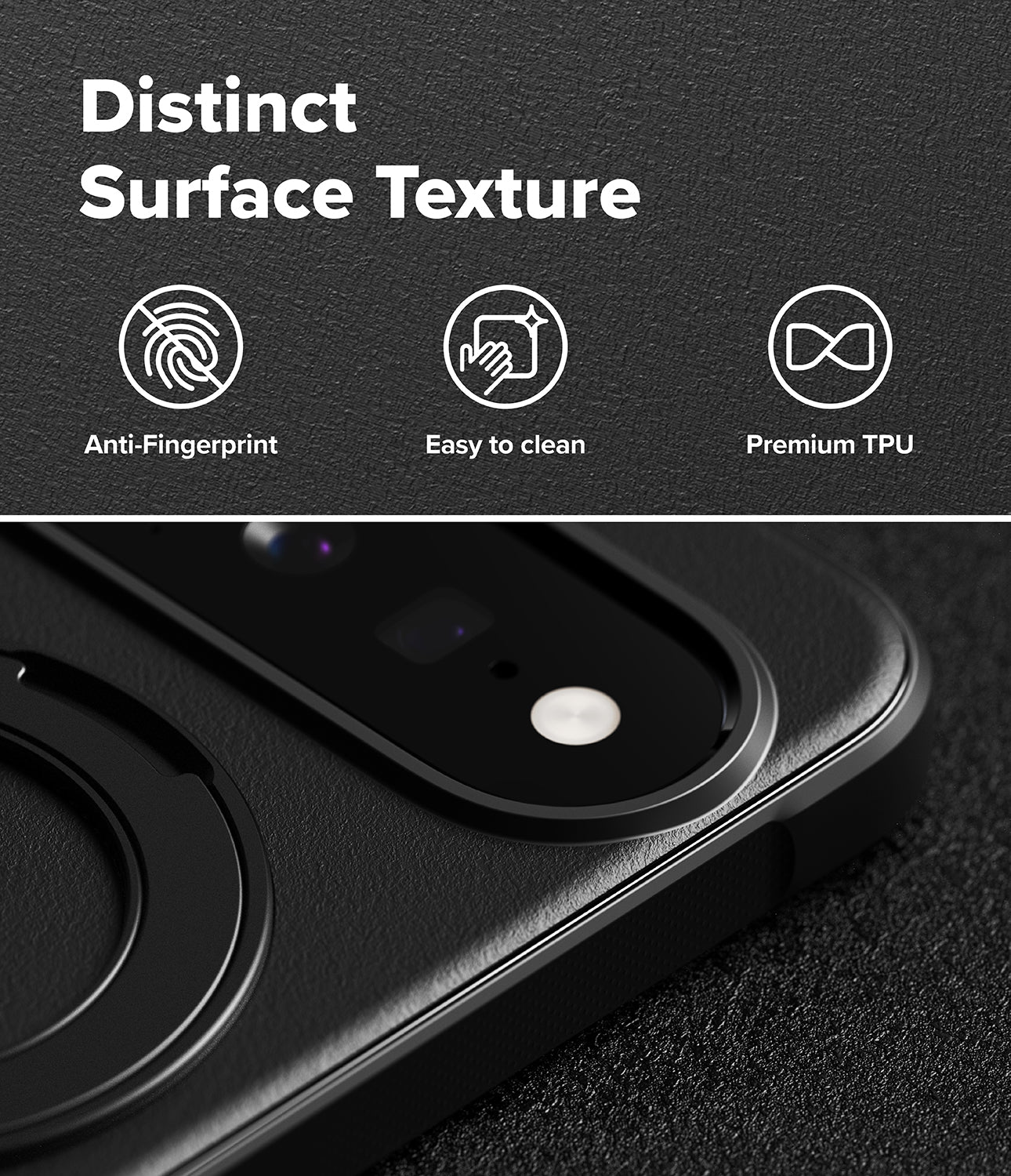Google Pixel 11 Case | Onyx Ring - Close-up of a black textured phone case with a raised camera surround and circular MagSafe ring, shown with marketing text reading 'Distinct Surface Texture' and icons for anti-fingerprint, easy to clean, and premium TPU.