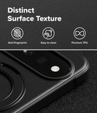 Google Pixel 11 Case | Onyx Ring - Close-up of a black textured phone case with a raised camera surround and circular MagSafe ring, shown with marketing text reading 'Distinct Surface Texture' and icons for anti-fingerprint, easy to clean, and premium TPU.