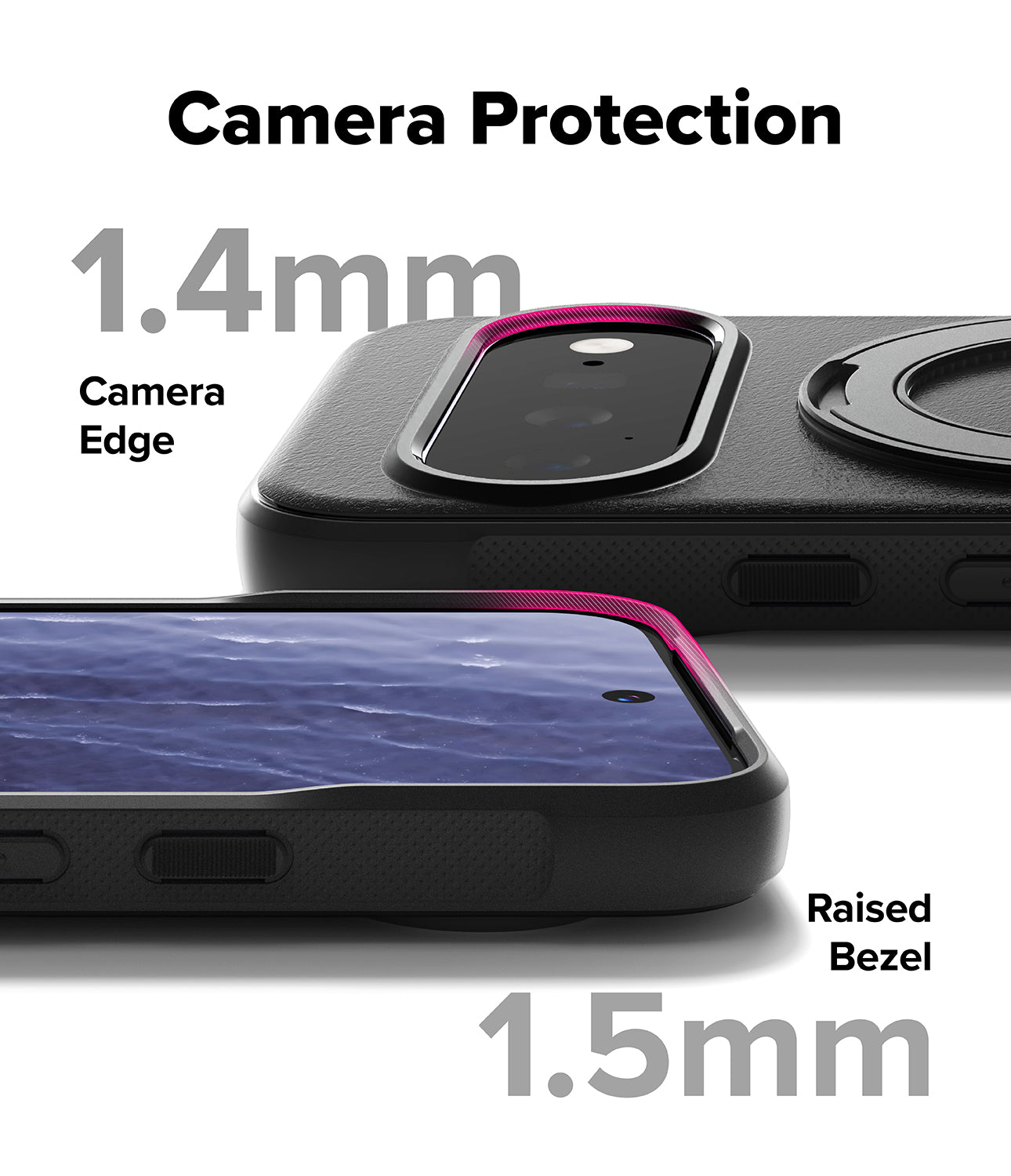 Google Pixel 11 Case | Onyx Ring - Black phone camera protection case shown from two angles on a white background, with text labels indicating 1.4mm camera edge, 1.5mm