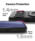 Google Pixel 11 Case | Onyx Ring - Black phone camera protection case shown from two angles on a white background, with text labels indicating 1.4mm camera edge, 1.5mm