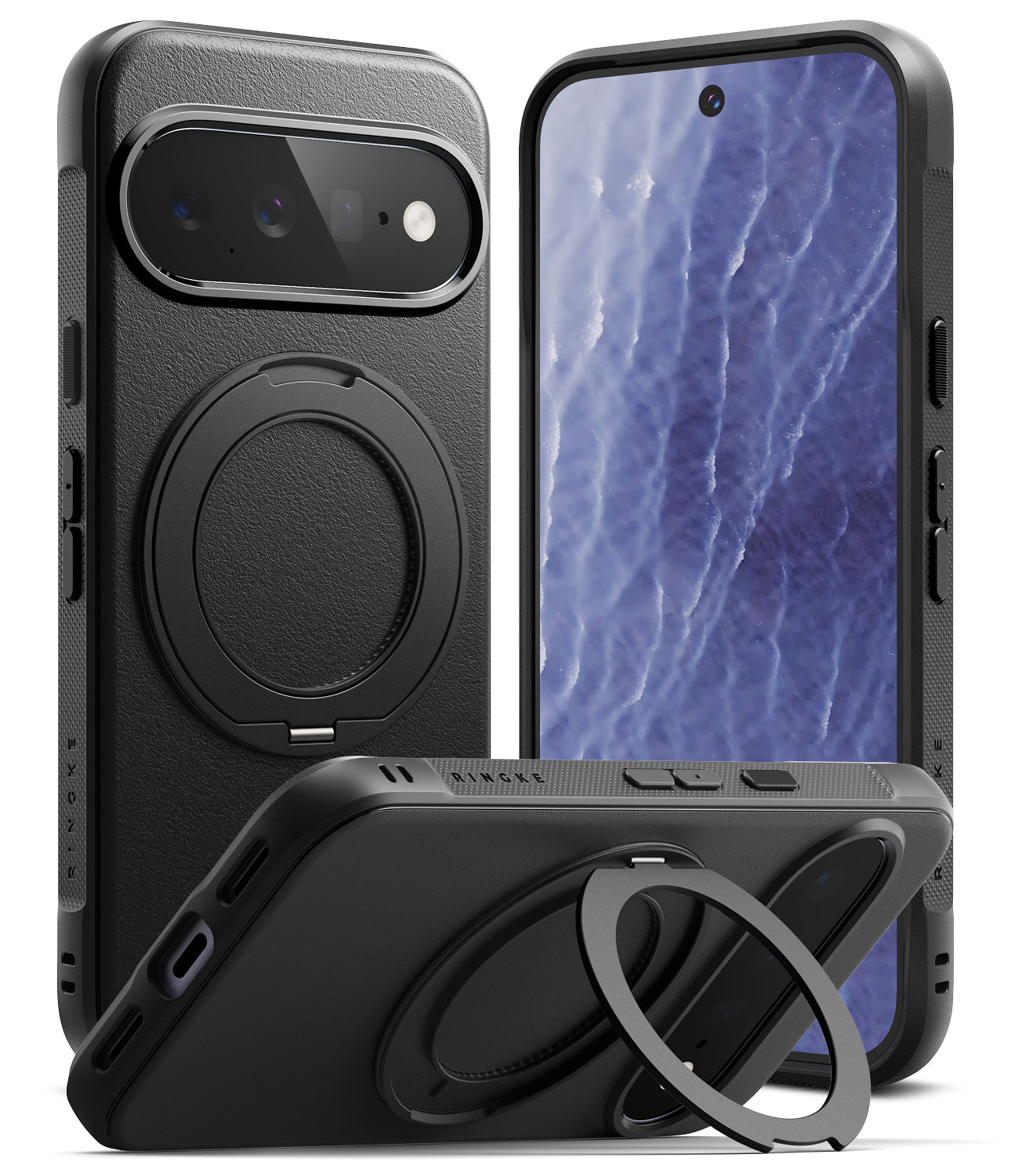 Google Pixel 11 Case | Onyx Ring - Black protective phone case with a built-in ring stand, shown from multiple angles on a white background. One view shows the textured back with a circular ring, one shows the phone inserted with the case frame, and one shows the case standing up as a kickstand.