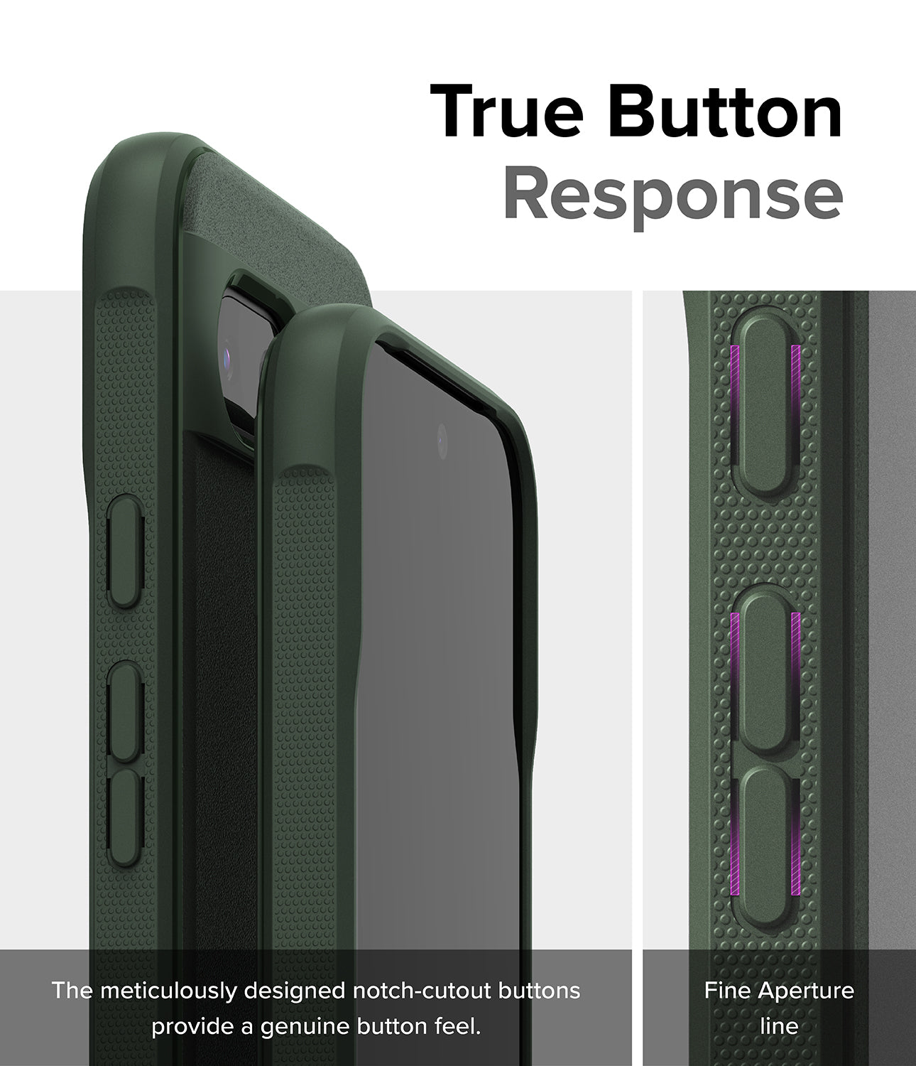 Google Pixel 8a Case | Onyx - Dark Green - True Button Response. The meticulously designed notch-cutout buttons provide a genuine button feel. Fine Aperture Line.