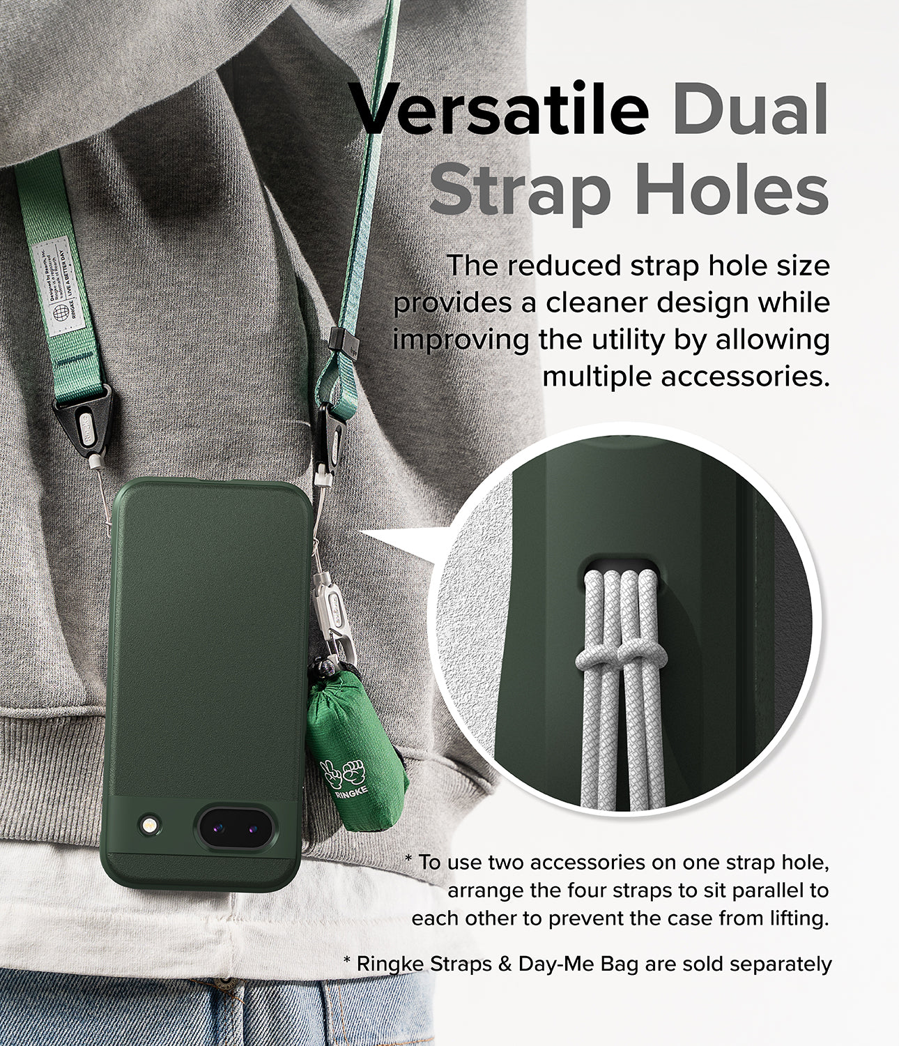 Google Pixel 8a Case | Onyx - Dark Green - Versatile Dual Strap Holes. The reduced strap hole size provides a cleaner design while improving the utility by allowing multiple accessories.