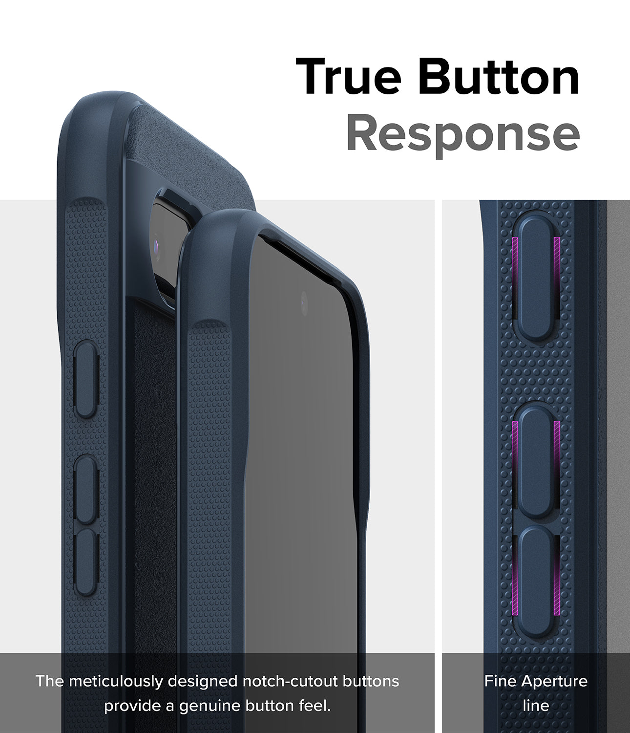 Google Pixel 8a Case | Onyx - Navy - True Button Response. The meticulously designed notch-cutout buttons provide a genuine button feel. Fine Aperture Line.
