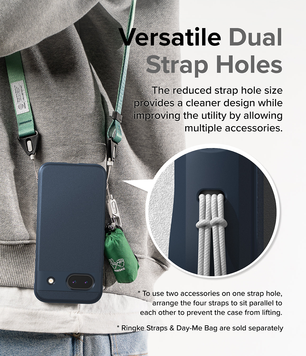Google Pixel 8a Case | Onyx - Navy- Versatile Dual Strap Holes. The reduced strap hole size provides a cleaner design while improving the utility by allowing multiple accessories.
