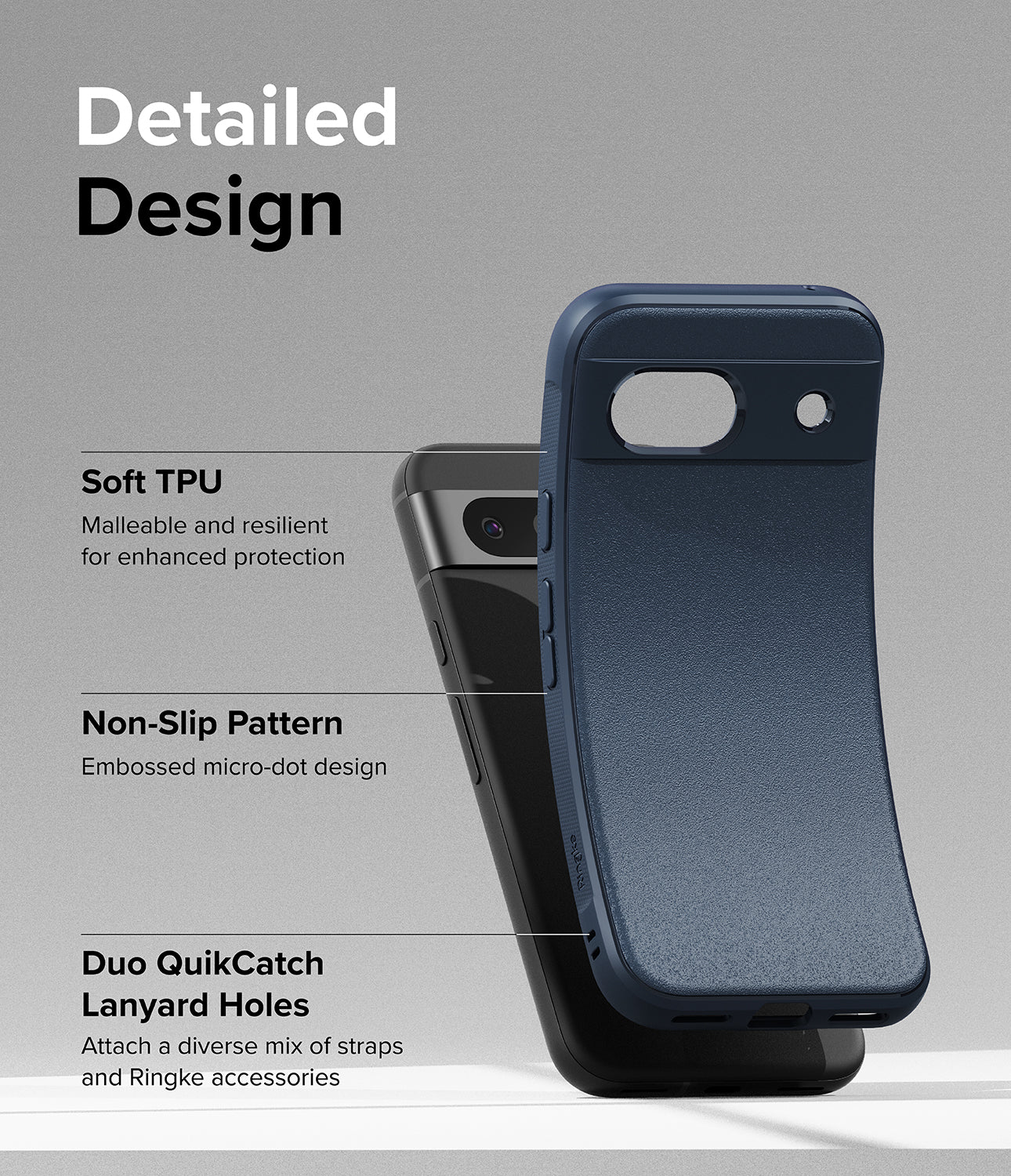 Google Pixel 8a Case | Onyx - Navy - Detailed Design. Malleable and resilient for enhanced protection with Soft TPU. Embossed micro-dot design with Non-Slip Pattern. Attach a diverse mix of straps and Ringke accessories with Duo QuikCatch Lanyard Holes.