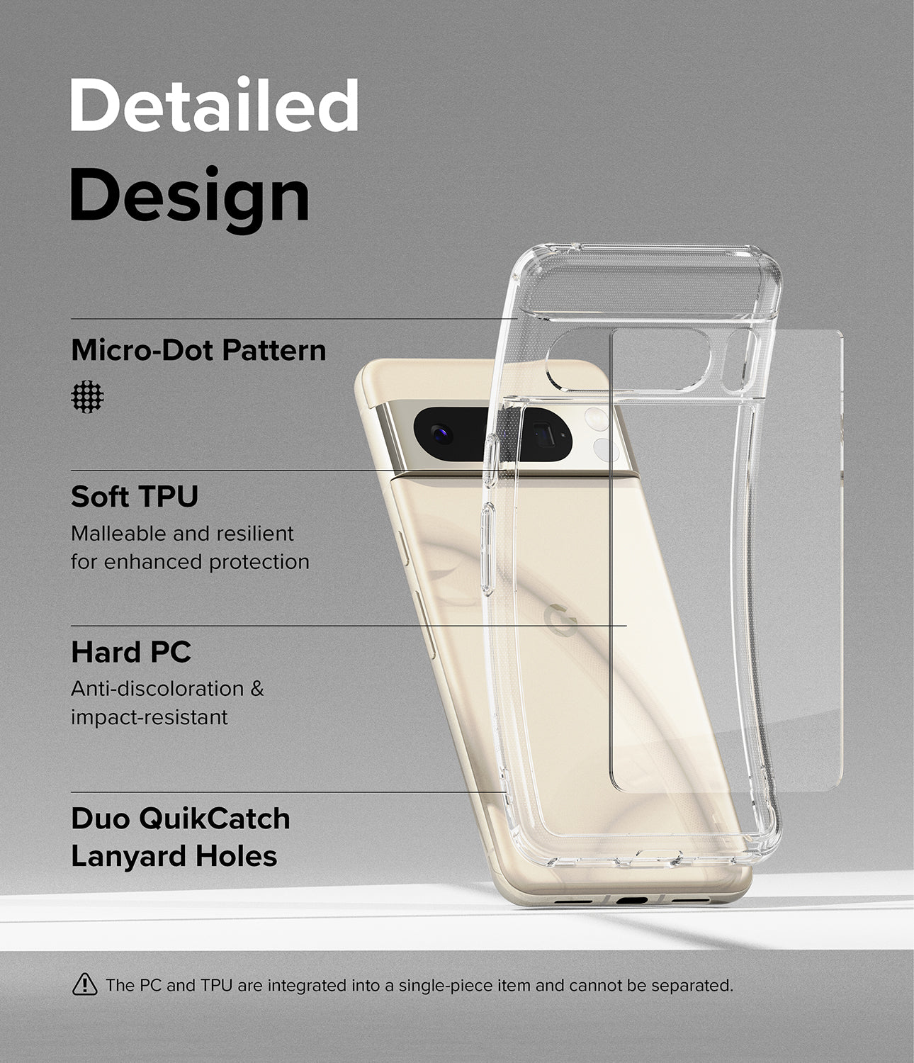 Google Pixel 8 Pro Case | Fusion-Detailed Design. Micro-Dot Pattern. Soft TPU Malleable and resilient for enhanced protection. Hard PC Anti-discoloration and impact-resistant. Duo QuikCatch Lanyard Holes