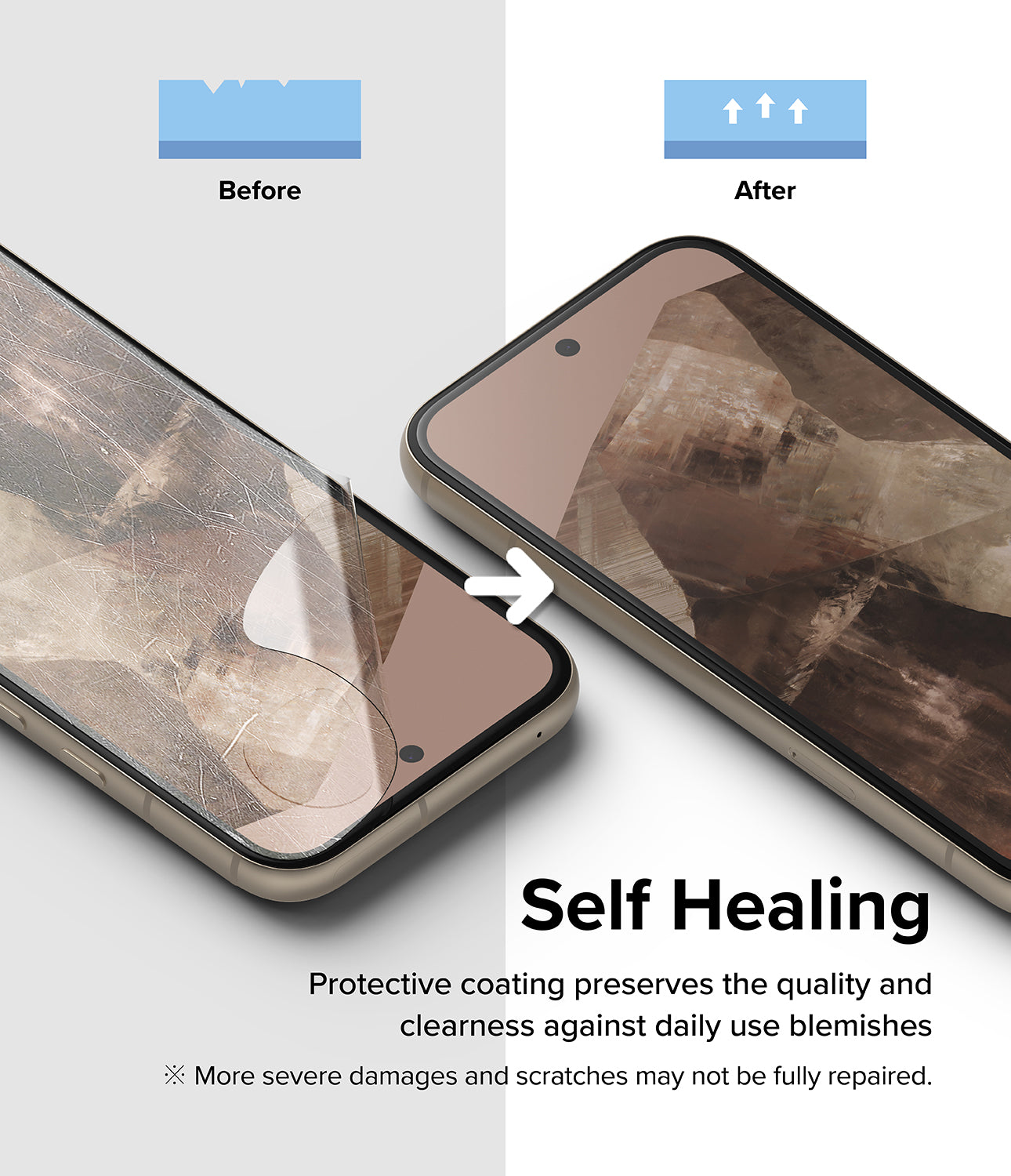 Google Pixel 8a Screen Protector | Dual Easy Film - Self Healing. Protective coating preserves the quality and clearness against daily use blemishes. More severe damages and scratches may not be full repaired.