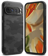 Google Pixel 9 Pro Case | Onyx - Black textured phone case showing the back camera array and front screen with abstract art.