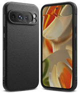 Google Pixel 9 Pro Case | Onyx - Textured black phone case shown from back and front with abstract screen wallpaper.