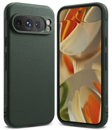 Google Pixel 9 Pro Case | Onyx - Dark green textured phone case shown from the back and front with an abstract wallpaper.