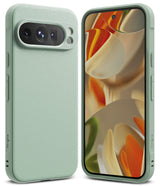 Google Pixel 9 Pro Case | Onyx - Sage green textured phone case shown from back and front with abstract screen wallpaper.