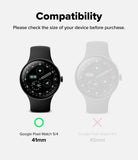 Pixel Watch 5 / 4 41mm Screen Protector | Dual Easy Film Pro (2P) - Compatibility graphic for a smartwatch band showing a black watch with a black band on the left and a faded white watch with a white band on the right. Text reads 'Compatibility' and 'Please check the size of your device before purchase.