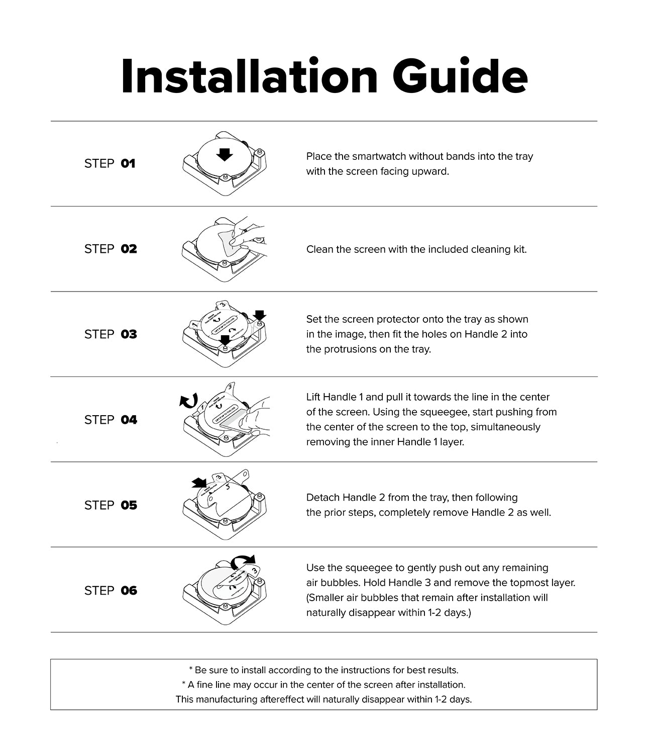 Pixel Watch 5 / 4 41mm Screen Protector | Dual Easy Film Pro (2P) - An installation guide sheet with six numbered steps and small line drawings showing how to place and remove a smartwatch, including instructions for cleaning the screen and handling the tray.