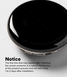 Pixel Watch 5 / 4 41mm Screen Protector | Dual Easy Film Pro (2P) - A glossy black round screen protector shown at an angle on a light textured background, with a notice text overlay explaining that the fine line after screen protector installation is a natural process and fades away in 1 to 2 days.